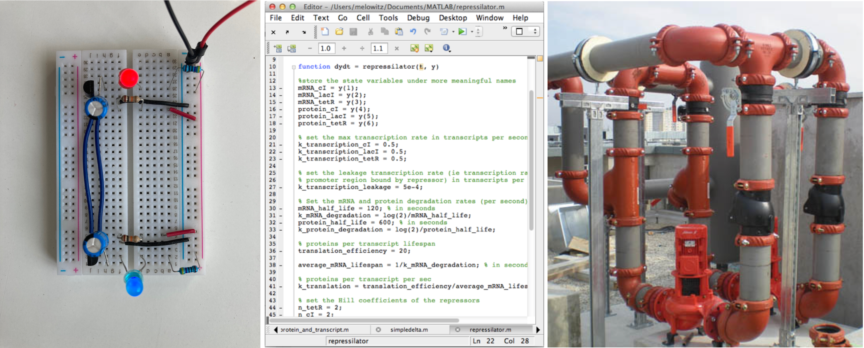 An electronic circuit, example of software, and plumbing.